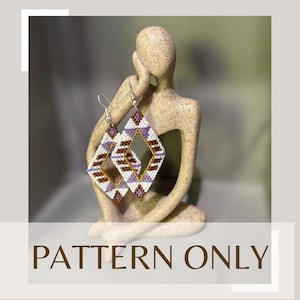 May include: A pair of beaded earrings with a geometric pattern in shades of brown, white, and purple. The earrings are hanging from a ceramic figurine.