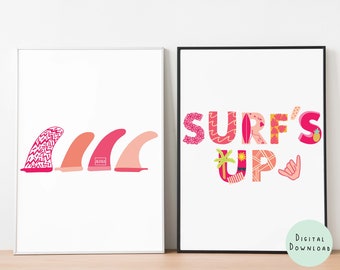 Set of 2 Pink SURF POSTERS, Surf Fins, Surfs Up, Surfing, Room Decor, Hawaii I Beach, Downloadable Art, Printable Wall Art, Oahu, SUP, Shaka