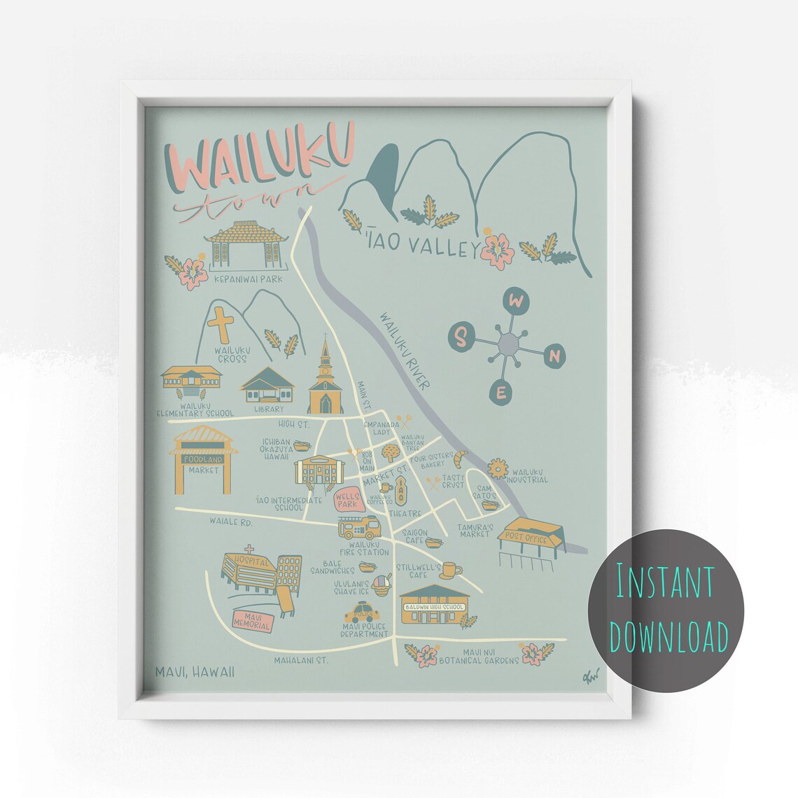 Wailuku Town Map, Maui, Hawaii Instant Download, Downloadable Art 