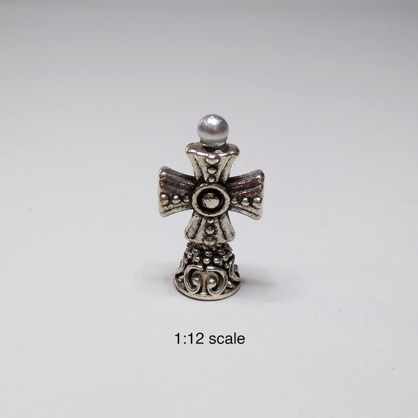 Miniature Cross for dollhouse, silver, on pedestal, Byzantine, goth, steam punk, 1:12 scale