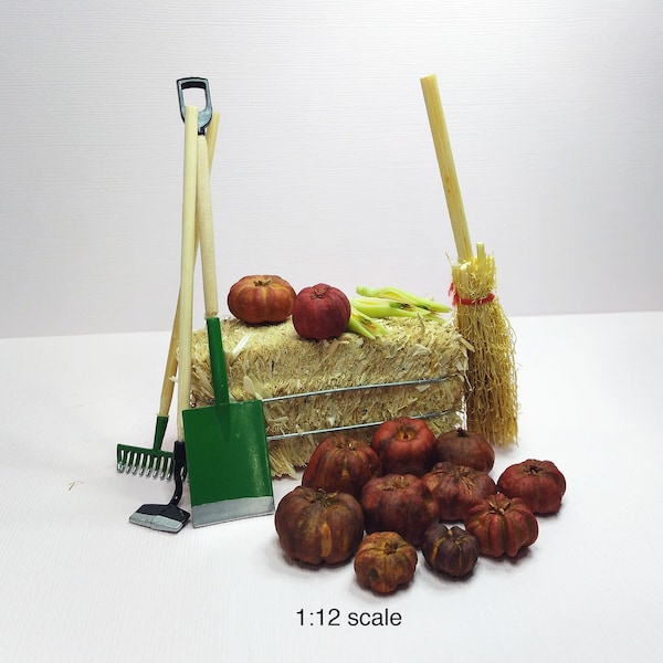 Dollhouse garden tools, miniature pumpkins and mini bale of hay, 1:12 scale, miniature gift