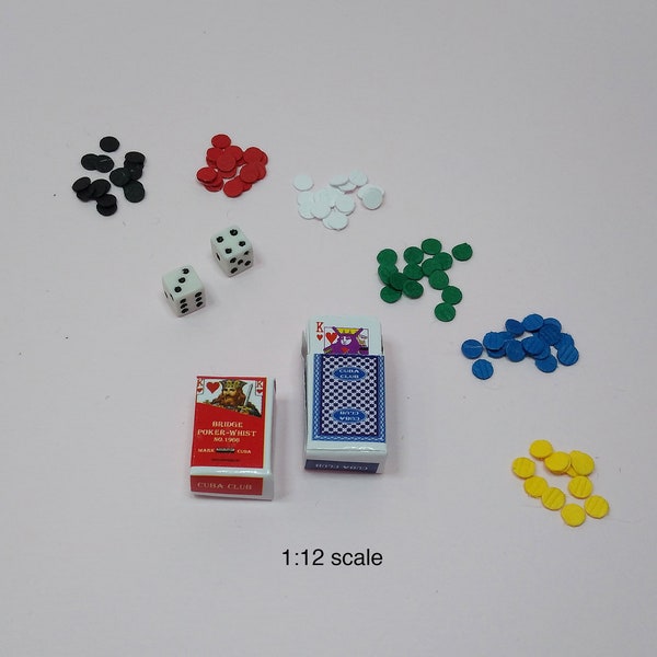 Dollhouse miniature poker set, mini playing cards, white dice or red dice, assorted colored chips, 1:12 scale