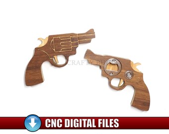 CNC Digital Pattern Revolver - Shaped Magnetic Bottle Opener DIY Woodworking Vector Files