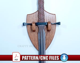 DIY Pattern Template Hand Cut and CNC Files Sword Wall Display PDF Pattern Weapon Rack Stand Sword Holder Vectric Files Vector Blueprints
