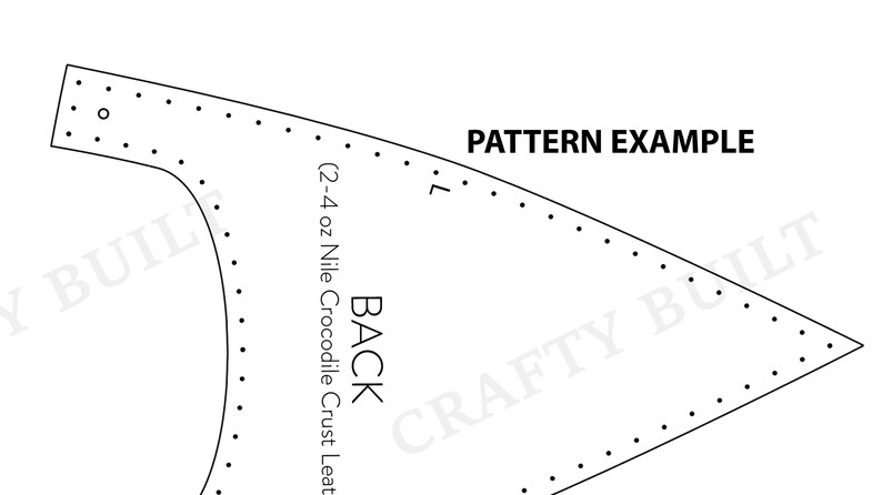 May include: A black and white line drawing pattern for a leather craft project. The pattern is labeled "BACK" and includes the text "(2-4 oz Nile Crocodile Crust Leather)". The text "PATTERN EXAMPLE" is at the top of the image.