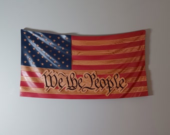 Solid Oak We the People Wavy American Flag Handmade Wood Wall Art Patriotic Home Decor