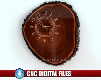 DIY Wood Inlay Carving Clock CNC Pattern Vectric Aspire Digital File Live Edge Slab Design Rustic Wall Clock Inlay Vector Cut File Blueprint