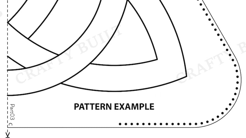 May include: Black and white line drawing of a pattern with a dotted line along the bottom edge. The text "PATTERN EXAMPLE" is printed below the pattern.