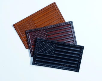 3.7" x 2.15" Genuine Leather American Flag Embossed Patch 4-5oz Vegtan Leather Patch USA Badge American Patch Patriotic Insignia
