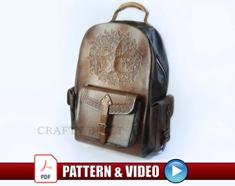 DIY Leathercraft Pattern Template Leather Back Pack Pattern with Unique Carvings PDF Digital Download Video Tutorial Leather Bag Pattern