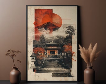 Japanese Temple Art Print, Red & Black Landscape (Digital Download)