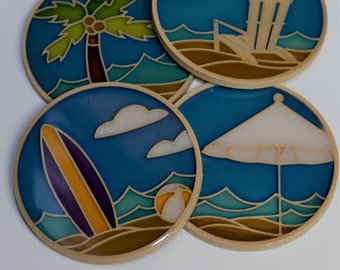 Ocean Epoxy Resin Coasters  |  Beach Decor Coaster Set  |  3D Printed  | Palm Tree  | Beach Chair  | Surfboard | Waves | Nautical | Umbrella