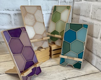 Honeycomb Phone Stand  | Hexagon iPhone Holder  | Geometric Pattern Charging Station  | Cell Phone Docking Station | Epoxy Resin, 3D Printed