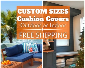 May include: A split-view image showing custom cushion covers for outdoor and indoor use. The left side features dark blue cushions on a wooden patio set. The right side shows a light gray bench cushion in a room with a Christmas tree and storage.
