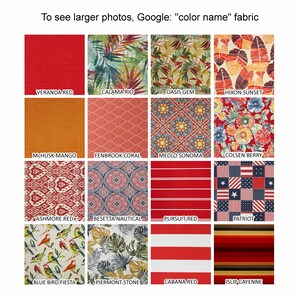 May include: A grid of sixteen fabric swatches displaying various patterns and colors, including solid red, orange, floral, tropical leaf, geometric, striped, and patriotic star designs. Each swatch is labeled with its specific name below the image.