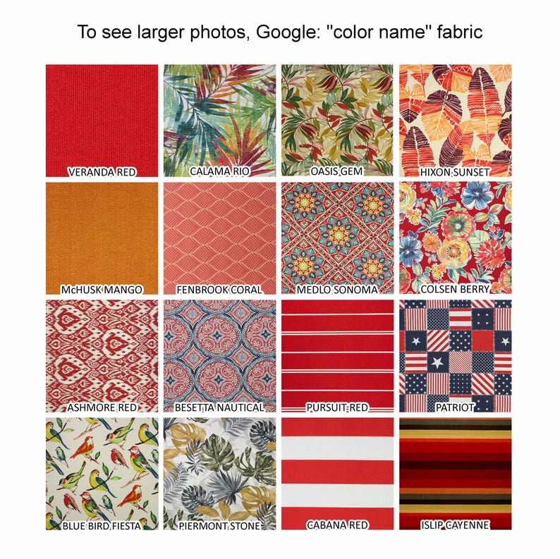 May include: A grid of sixteen fabric swatches displaying various patterns and colors, including solid red, orange, floral, tropical leaf, geometric, striped, and patriotic star designs. Each swatch is labeled with its specific name below the image.