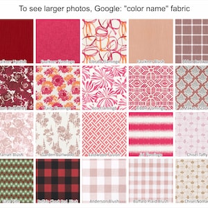 May include: A collection of fabric swatches in various colors and patterns. The swatches include solid colors, floral designs, geometric patterns, and plaid. The text "To see larger photos, Google: color name fabric" is at the top.