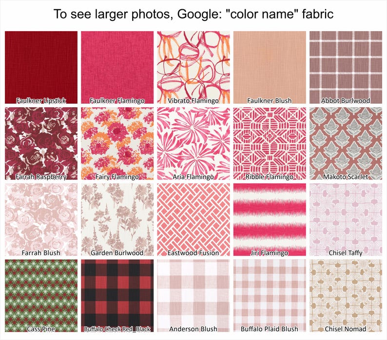 May include: A collection of fabric swatches in various colors and patterns. The swatches include solid colors, floral designs, geometric patterns, and plaid. The text "To see larger photos, Google: color name fabric" is at the top.