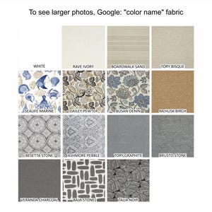 May include: A grid of fifteen fabric swatches displaying various colors and patterns, including solid white, ivory, sand, bisque, and charcoal, alongside prints featuring marine life, floral motifs, geometric shapes, and abstract brushstrokes.