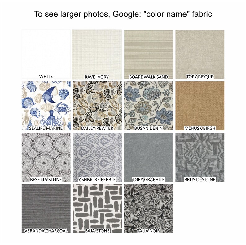 May include: A grid of fifteen fabric swatches displaying various colors and patterns, including solid white, ivory, sand, bisque, and charcoal, alongside prints featuring marine life, floral motifs, geometric shapes, and abstract brushstrokes.