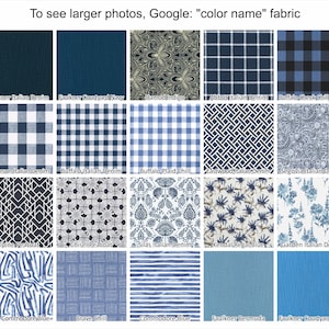 May include: A collection of fabric swatches in various blue and white patterns. Designs include plaid, floral, geometric, and striped patterns. Each swatch is labeled with a fabric name.