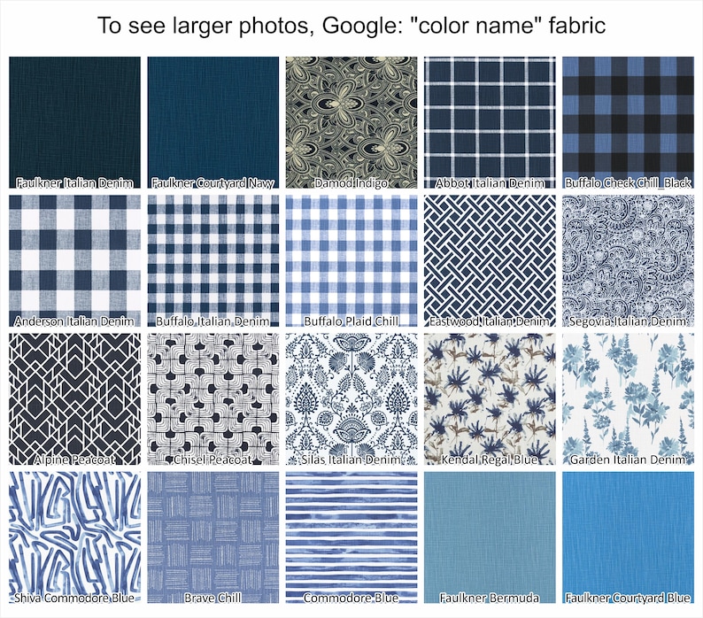 May include: A collection of fabric swatches in various blue and white patterns. Designs include plaid, floral, geometric, and striped patterns. Each swatch is labeled with a fabric name.