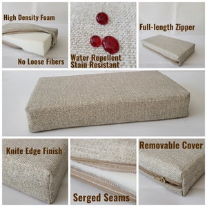 May include: A rectangular beige cushion with a textured fabric cover, featuring a full-length zipper, knife edge finish, and serged seams. The cushion contains high-density foam and the cover is water-repellent, stain-resistant, and removable.