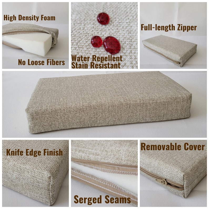 May include: A rectangular beige cushion with a textured fabric cover, featuring a full-length zipper, knife edge finish, and serged seams. The cushion contains high-density foam and the cover is water-repellent, stain-resistant, and removable.