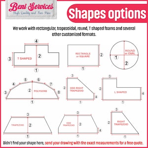 May include: Diagram showing different foam shapes and sizes available for purchase, including rectangle, square, round, oval, T-shaped, L-shaped, trapezoid, and polygons.  Measurements are shown in inches.