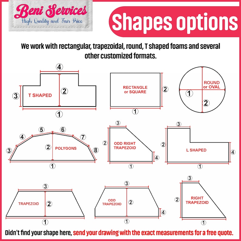 May include: Diagram showing different foam shapes and sizes available for purchase, including rectangle, square, round, oval, T-shaped, L-shaped, trapezoid, and polygons.  Measurements are shown in inches.