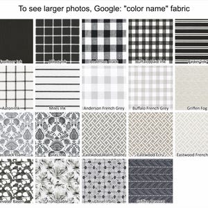 May include: A collection of fabric swatches in various patterns and colors, including black, white, and gray. Patterns range from plaid and stripes to floral and geometric designs. The text "To see larger photos, Google: 'color name' fabric" is at the top.
