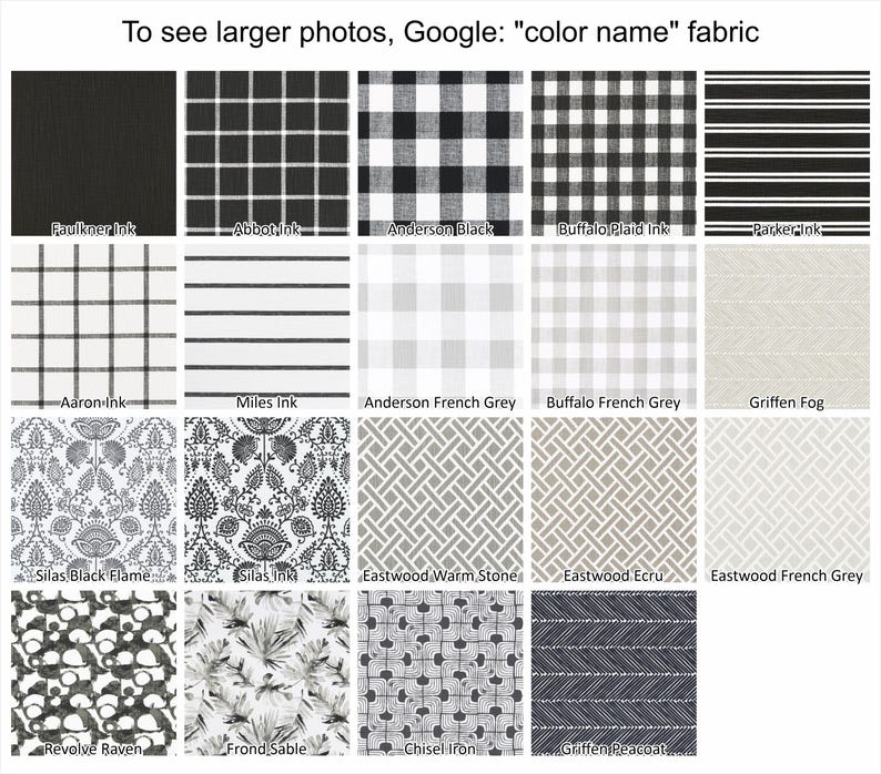 May include: A collection of fabric swatches in various patterns and colors, including black, white, and gray. Patterns range from plaid and stripes to floral and geometric designs. The text "To see larger photos, Google: 'color name' fabric" is at the top.