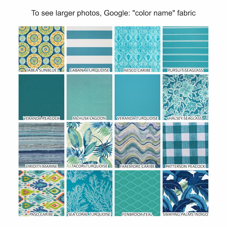 May include: A grid of sixteen fabric swatches featuring various patterns and shades of blue, teal, and green. Each square is labeled with a name including Tabea Sunblue, Cabana Turquoise, Nesco Caribe, Pursuit Seaglass, Veranda Peacock, McHusk Lagoon, Veranda Turquoise, Halsey Seaglass, Viridity Marine, Tacori Turquoise, Faremore Caribe, Patterson Peacock, Paso Caribe, Sea Coral Turquoise, Fenbrook Teal, and Swaying Palms Indigo.