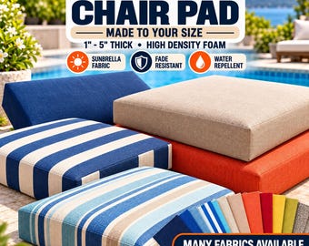 May include: Custom chair pads made of high-density foam with Sunbrella fabric that is fade resistant and water repellent. The pads are available in various colors and patterns, including solid blue, beige, orange, and blue-and-white striped designs.