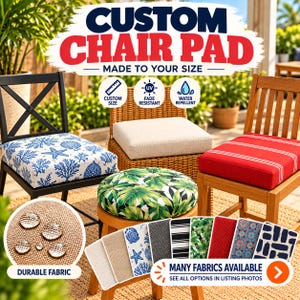 May include: Custom chair pads in various shapes and patterns, including blue and white nautical prints, solid beige, red with white stripes, and green tropical leaves. Features include UV fade resistance and water repellent fabric.