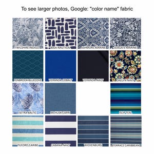 May include: A grid of fourteen fabric swatches in various shades of blue, featuring patterns such as tropical leaves, geometric shapes, marine life, floral prints, and horizontal stripes, with each swatch labeled by its specific color name.