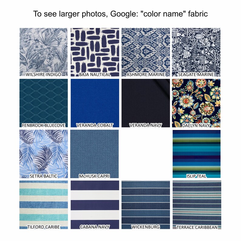 May include: A grid of fourteen fabric swatches in various shades of blue, featuring patterns such as tropical leaves, geometric shapes, marine life, floral prints, and horizontal stripes, with each swatch labeled by its specific color name.