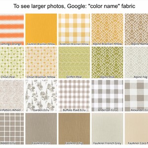 May include: A collection of fabric swatches in various colors and patterns. The swatches include stripes, gingham, floral, and geometric designs. The text at the top says "To see larger photos, Google: "color name" fabric."