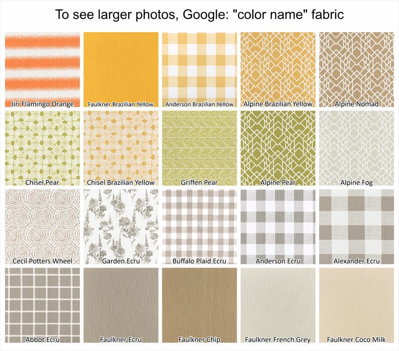 May include: A collection of fabric swatches in various colors and patterns. The swatches include stripes, gingham, floral, and geometric designs. The text at the top says "To see larger photos, Google: "color name" fabric."