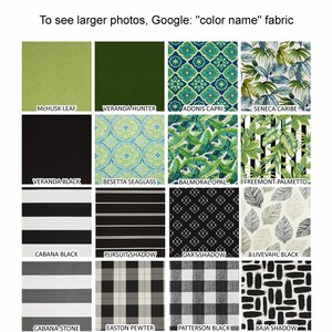 May include: A grid of sixteen fabric swatches displaying various patterns and solid colors including green, black, white, and gray. Patterns include geometric shapes, tropical leaves, stripes, plaids, and checks. Text labels identify each fabric swatch.