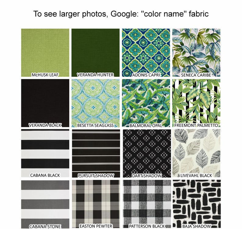 May include: A grid of sixteen fabric swatches displaying various patterns and solid colors including green, black, white, and gray. Patterns include geometric shapes, tropical leaves, stripes, plaids, and checks. Text labels identify each fabric swatch.