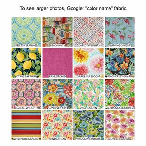 May include: A grid of sixteen fabric swatches featuring various patterns including lemons, flamingos, beach huts, floral prints, and stripes. Each swatch is labeled with a name such as Besetta Seaglass, Beach Huts, Capiz Twilight, and Murette Garden.