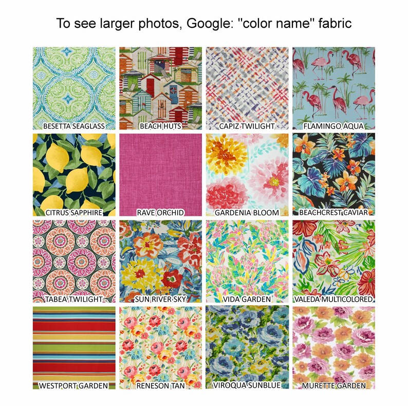 May include: A grid of sixteen fabric swatches featuring various patterns including lemons, flamingos, beach huts, floral prints, and stripes. Each swatch is labeled with a name such as Besetta Seaglass, Beach Huts, Capiz Twilight, and Murette Garden.