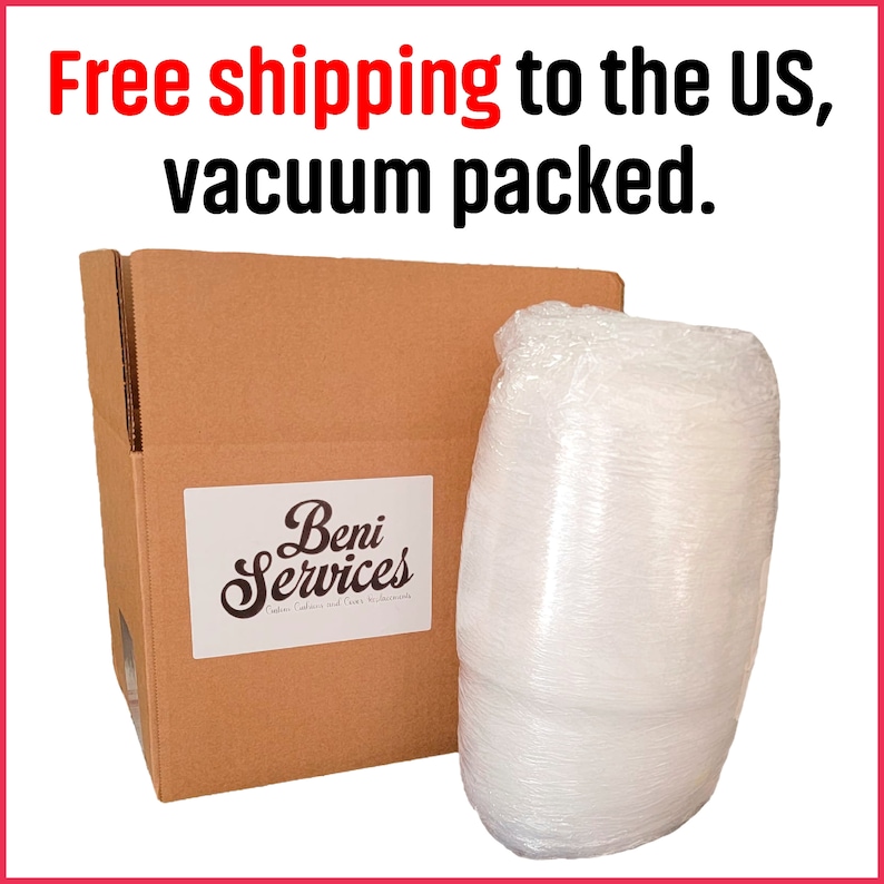 May include: A brown cardboard box with a white label that says "Beni Services" is next to a white, vacuum-sealed package. The text "Free shipping to the US, vacuum packed." is written in red and black at the top of the image.