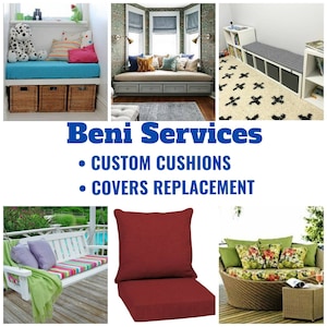 May include: An assortment of custom cushions and covers are displayed in this image. The image shows a variety of cushions on a window seat, a swing, and outdoor furniture. The text "Beni Services" is displayed with the services offered: "Custom Cushions" and "Covers Replacement."