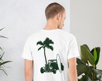 Vintage Car Surf Shirt | Beach T-Shirt | Palm Tree | Surf Board | Green | Unisex t-shirt