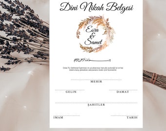 May include: A white wedding certificate with the text "Dini Nikah Belgesi" at the top. The names "Esra & Samet" are in a floral wreath. The certificate includes lines for details like MEHIR, GELIN, DAMAT, and TARIH.