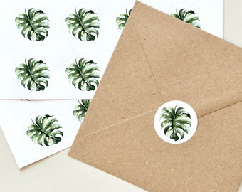 Monstera-klistermärken, 48 klistermärken, Bröllopskuvertklistermärken, Fest, Inbjudan, Runt botaniskt sigillklistermärke, Monsterabladklistermärken