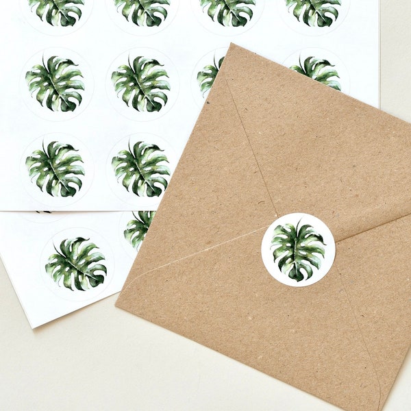 Monstera Stickers, 48 Stickers, Wedding Envelope Stickers, Celebration, Invitation, Round Botanical Seal Sticker, Monstera Leaf Stickers