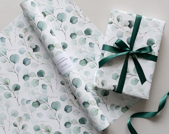 Luxury Eucalyptus Gift Wrapping Paper, 5 Sheets, Eucalyptus Botanical Gift Wrap, Floral Gift Wrap, Size 50x70 cm, Green Ribbon, ROLLED